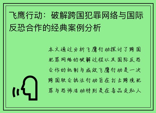 飞鹰行动:破解跨国犯罪网络与国际反恐合作的经典案例分析 飞鹰行动:破解跨国犯罪网络与国际反恐合作的经典案例分析
